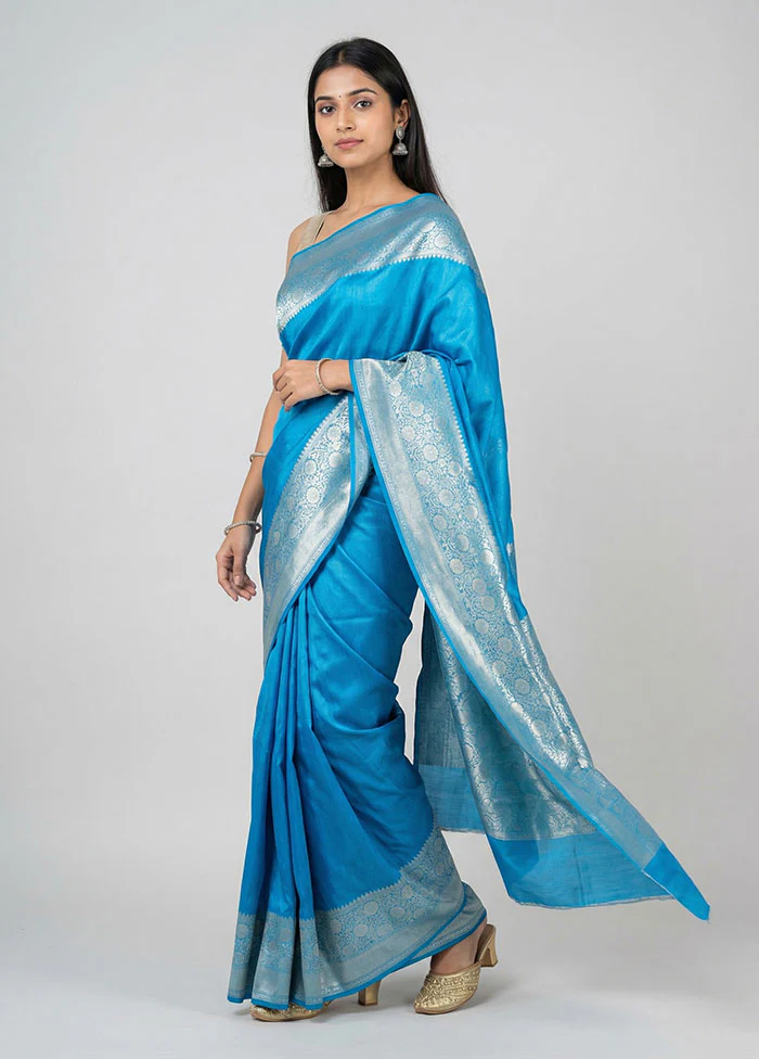 Blue Dupion Silk Saree With Blouse Piece