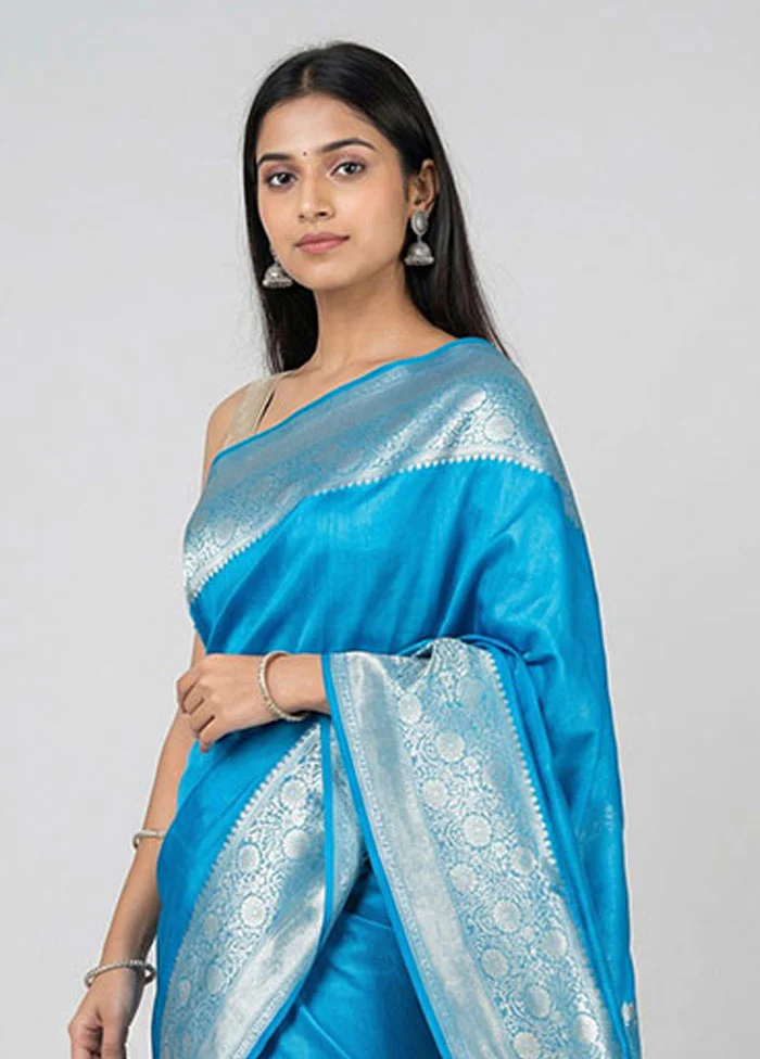 Blue Dupion Silk Saree With Blouse Piece - Image 2