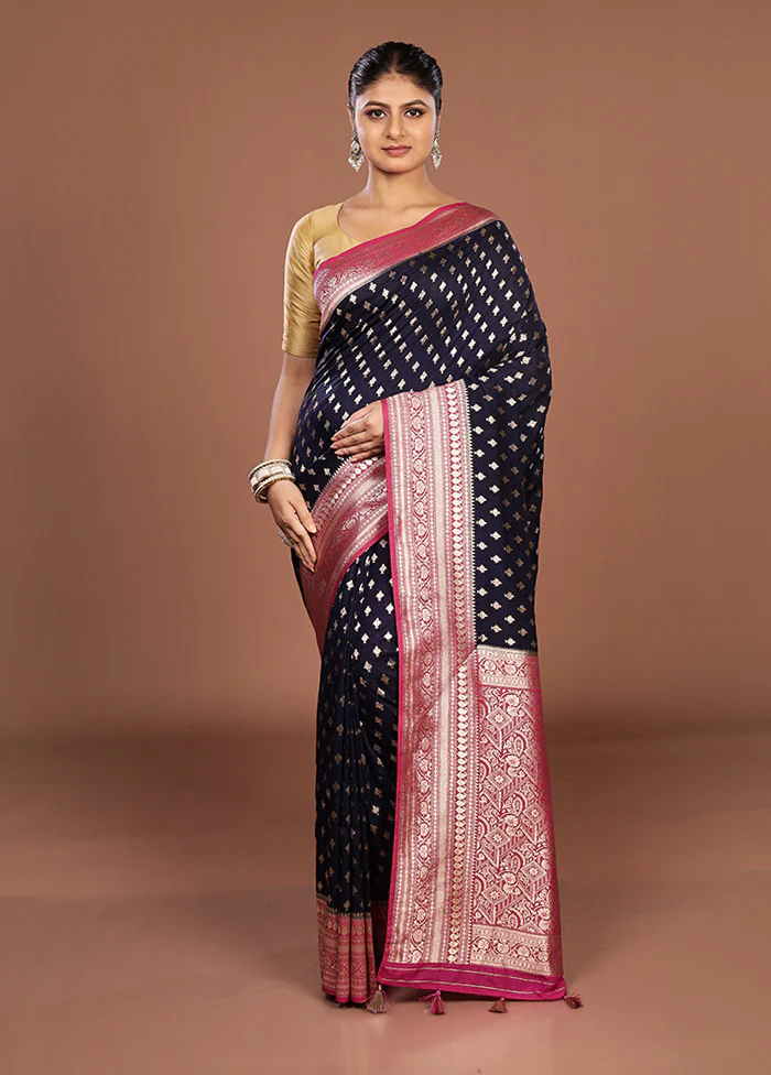 Blue Dupion Silk Saree With Blouse Piece - Image 2
