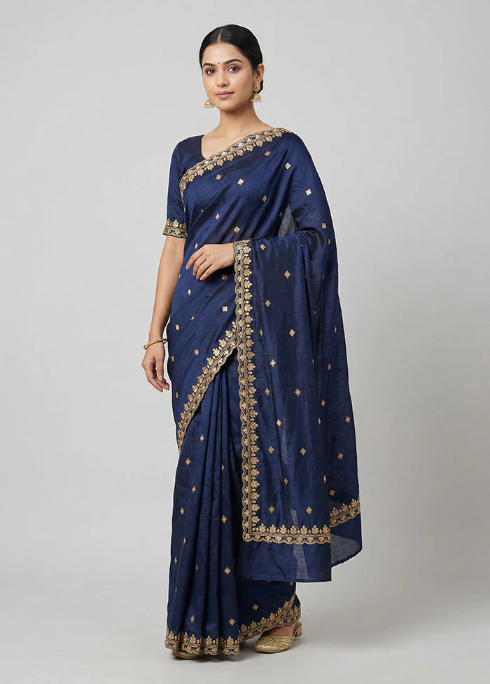 Blue Dupion Silk Saree With Blouse Piece
