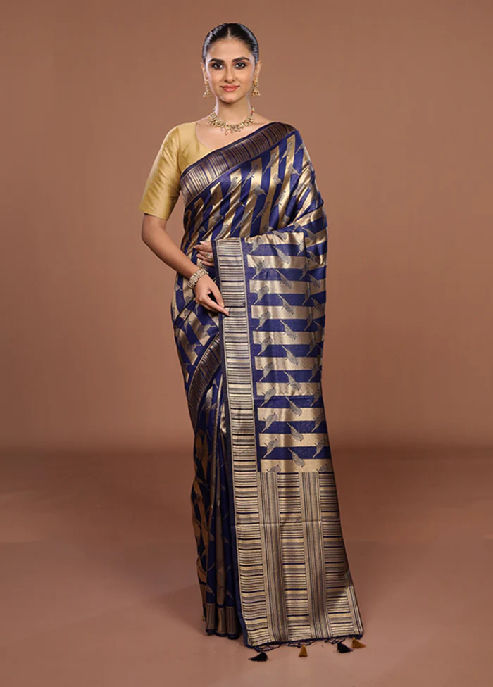 Blue Dupion Silk Saree With Blouse Piece - Image 2