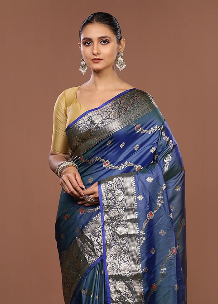 Blue Dupion Silk Saree With Blouse Piece