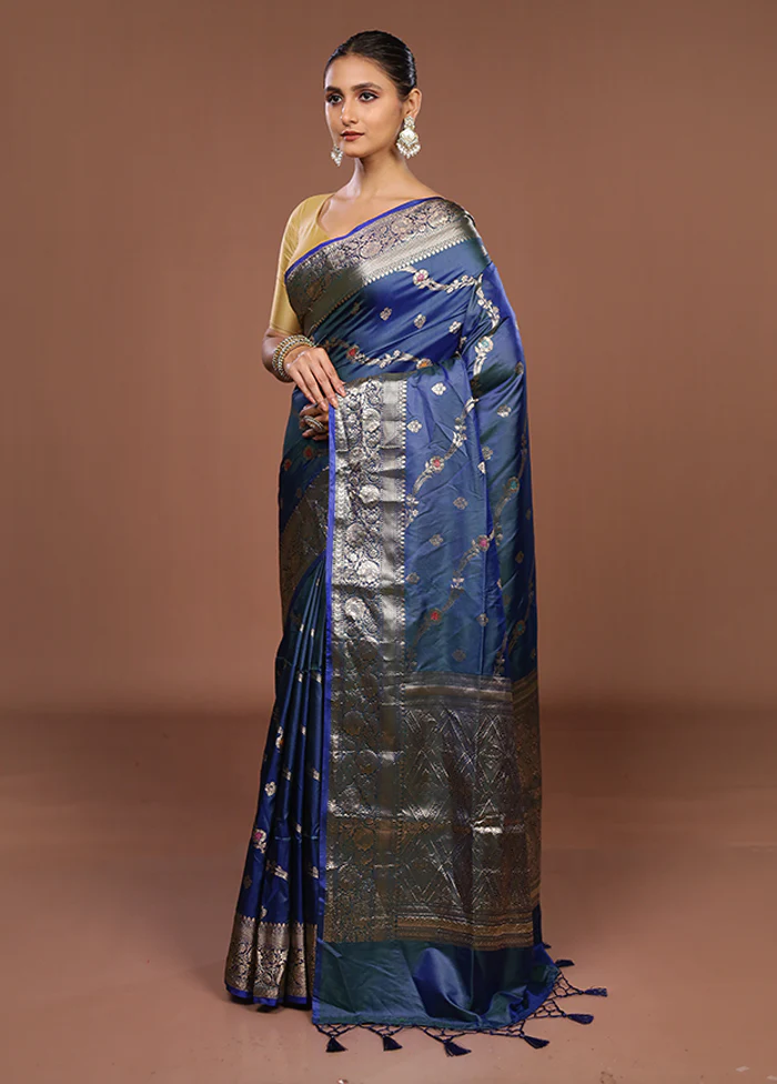 Blue Dupion Silk Saree With Blouse Piece - Image 4