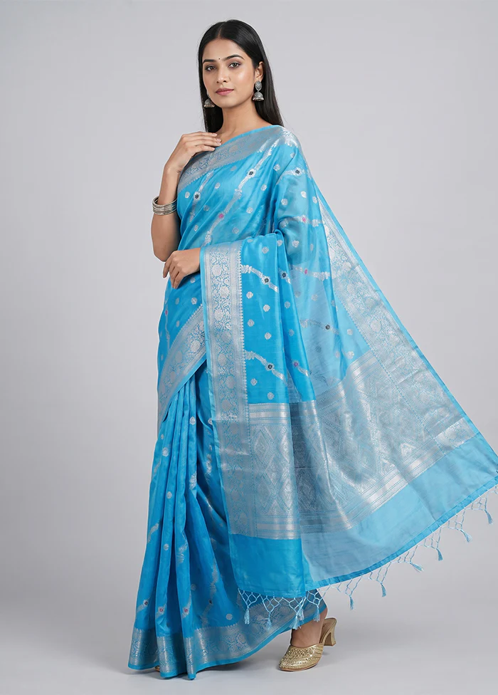 Blue Dupion Silk Saree With Blouse Piece