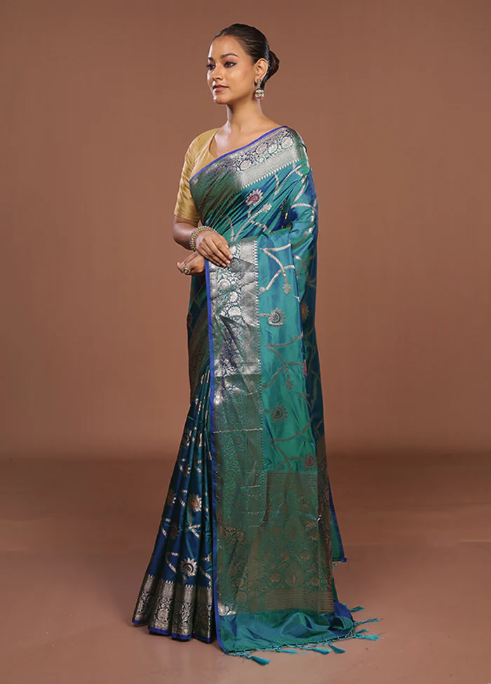 Blue Dupion Silk Saree With Blouse Piece - Image 4