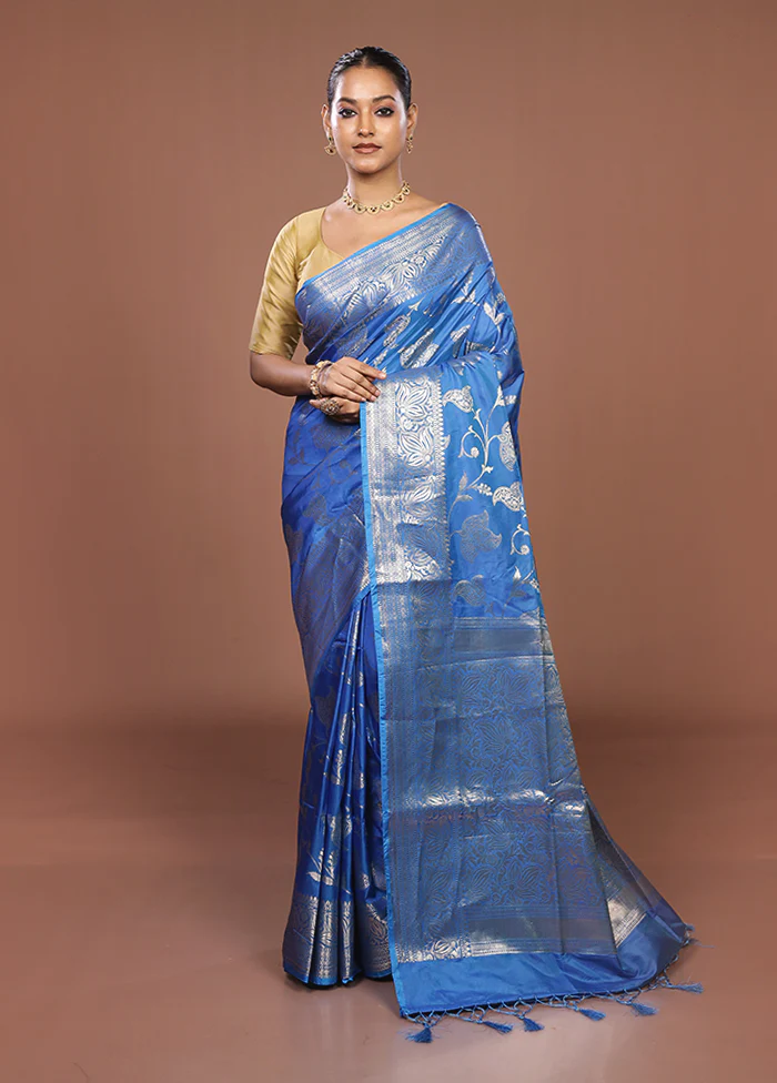 Blue Dupion Silk Saree With Blouse Piece - Image 2