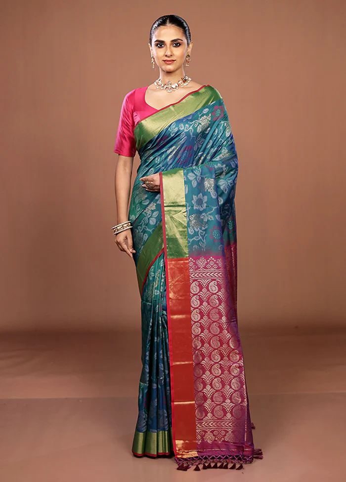 Blue Dupion Silk Saree With Blouse Piece - Image 2