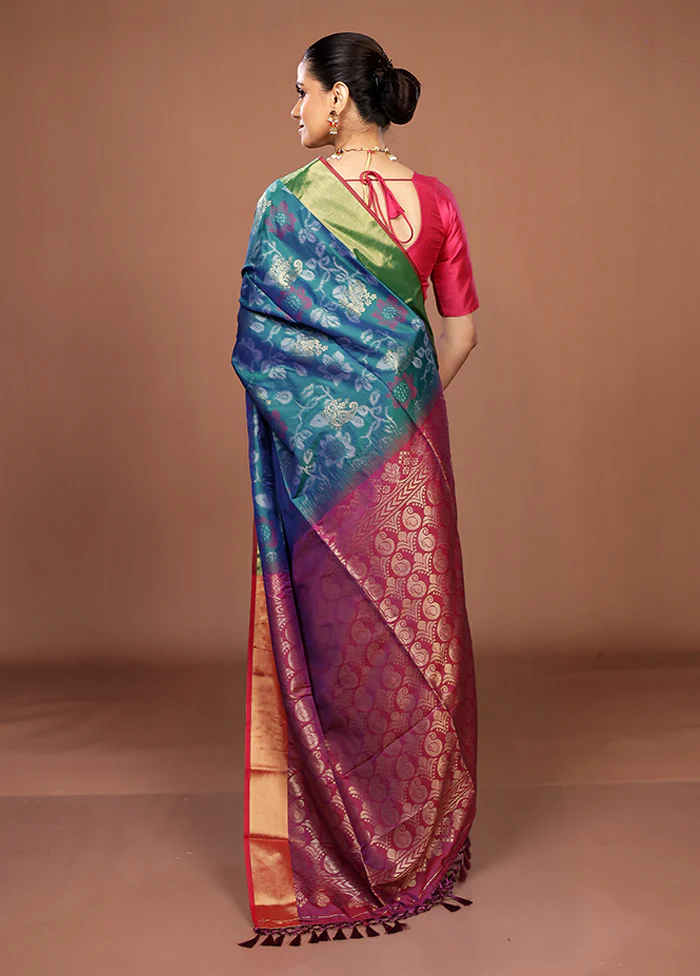 Blue Dupion Silk Saree With Blouse Piece - Image 3