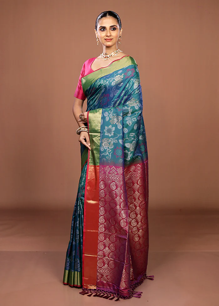 Blue Dupion Silk Saree With Blouse Piece - Image 4