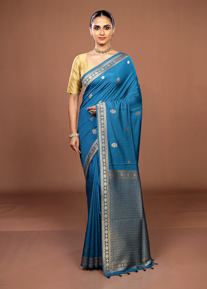 Blue Dupion Silk Saree With Blouse Piece - Image 2