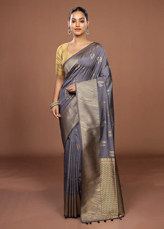 Grey Dupion Silk Saree With Blouse Piece - Image 2