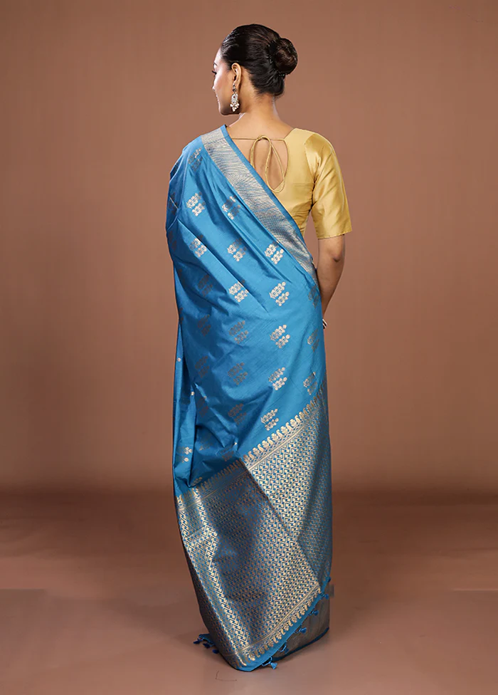 Blue Dupion Silk Saree With Blouse Piece - Image 3