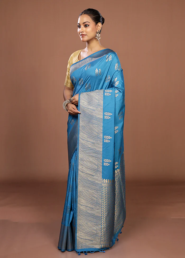 Blue Dupion Silk Saree With Blouse Piece - Image 4