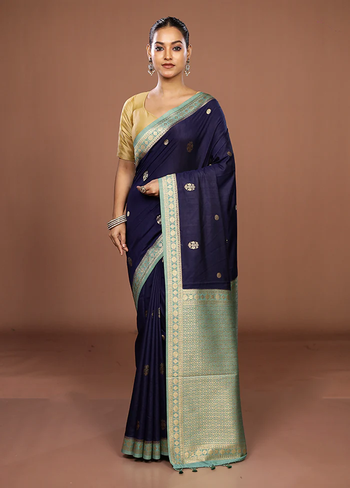 Blue Dupion Silk Saree With Blouse Piece - Image 2