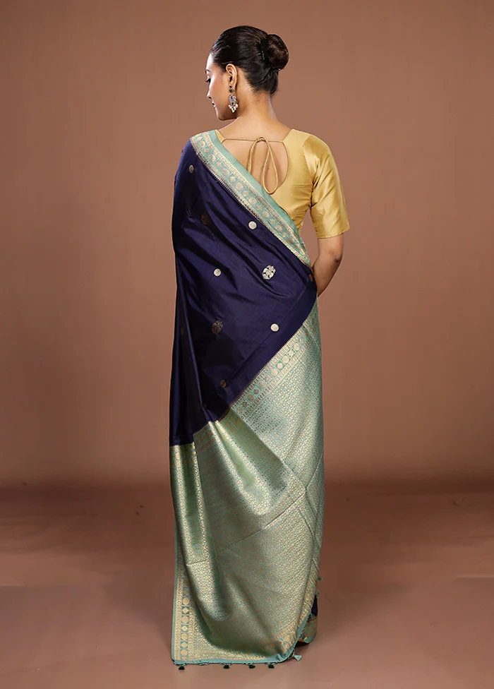 Blue Dupion Silk Saree With Blouse Piece - Image 3