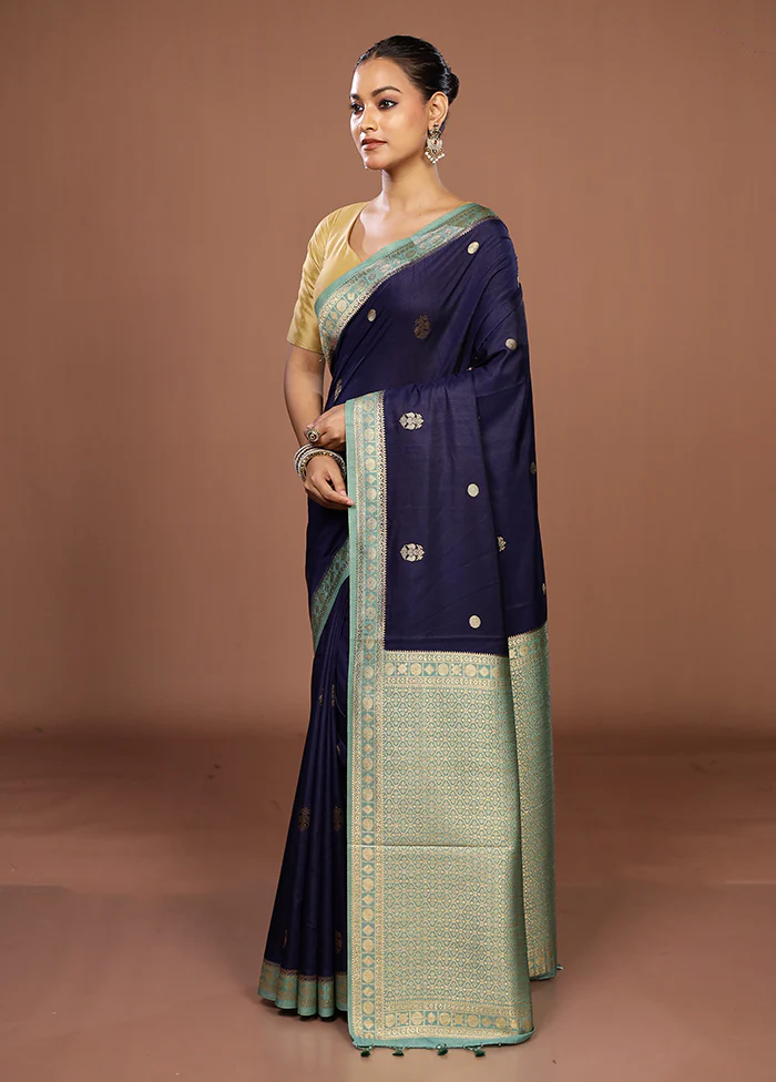 Blue Dupion Silk Saree With Blouse Piece - Image 4