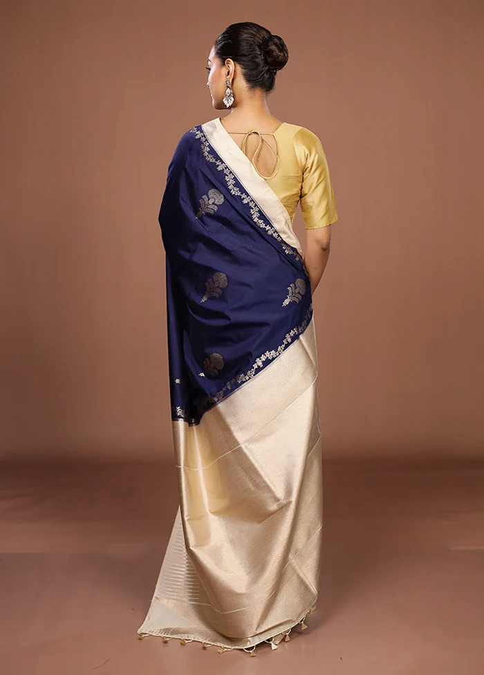 Blue Dupion Silk Saree With Blouse Piece - Image 3