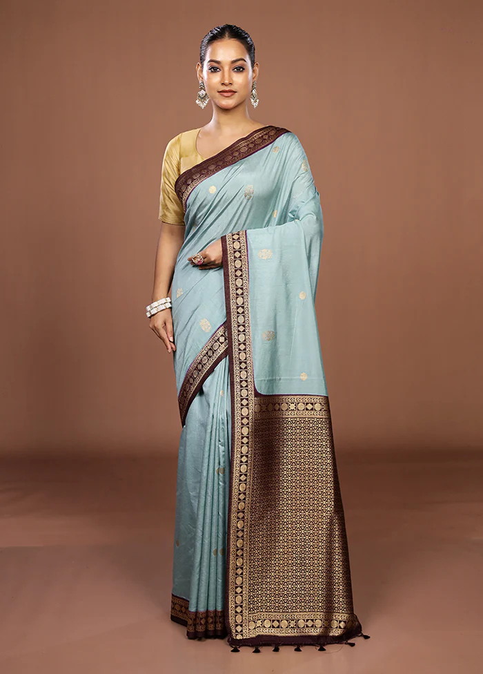 Blue Dupion Silk Saree With Blouse Piece - Image 2