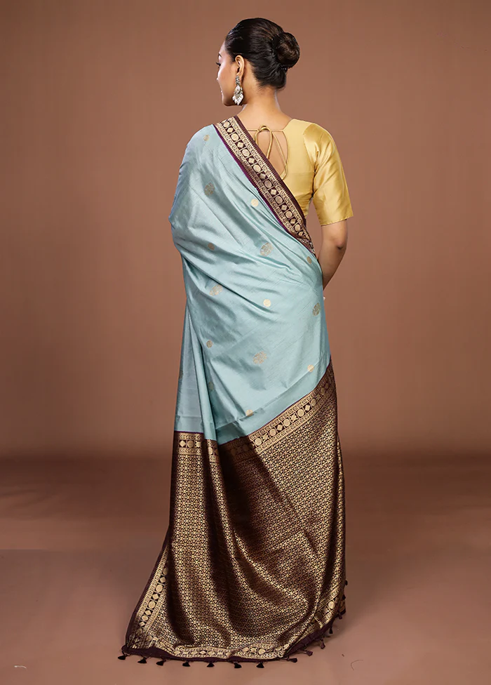 Blue Dupion Silk Saree With Blouse Piece - Image 3