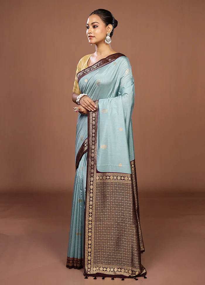 Blue Dupion Silk Saree With Blouse Piece - Image 4