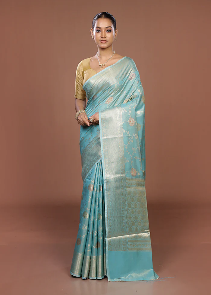 Blue Dupion Silk Saree With Blouse Piece - Image 2