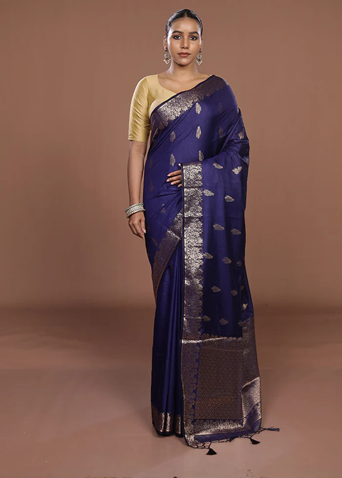 Blue Dupion Silk Saree With Blouse Piece - Image 2