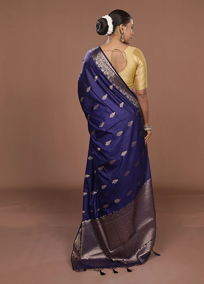 Blue Dupion Silk Saree With Blouse Piece - Image 3