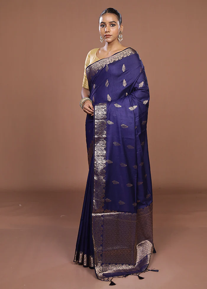 Blue Dupion Silk Saree With Blouse Piece - Image 4