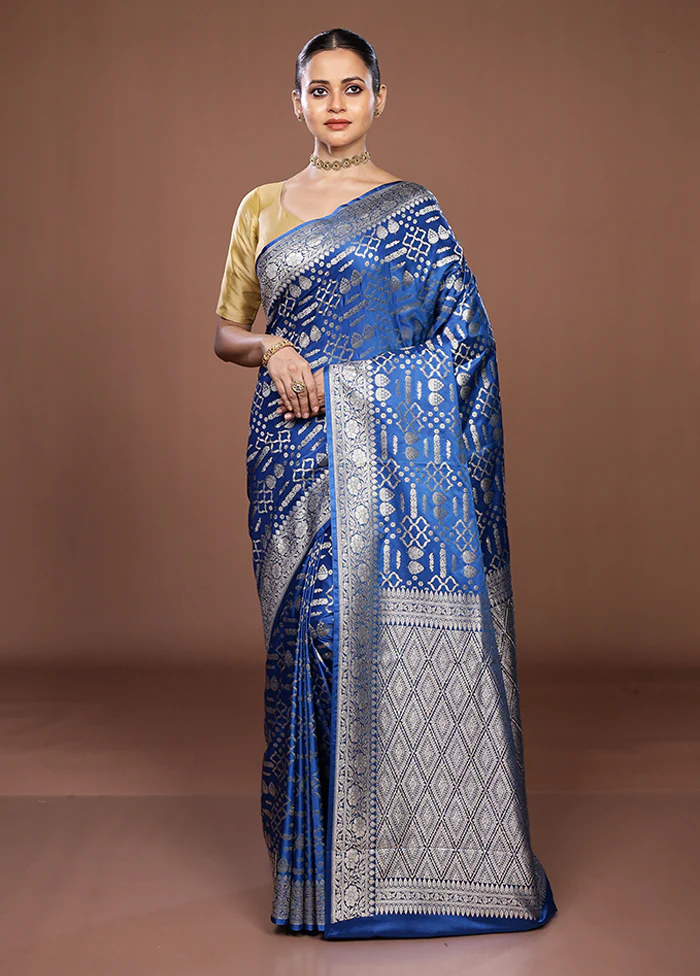Blue Dupion Silk Saree With Blouse Piece - Image 2