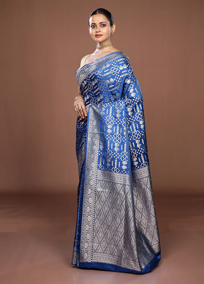 Blue Dupion Silk Saree With Blouse Piece - Image 4