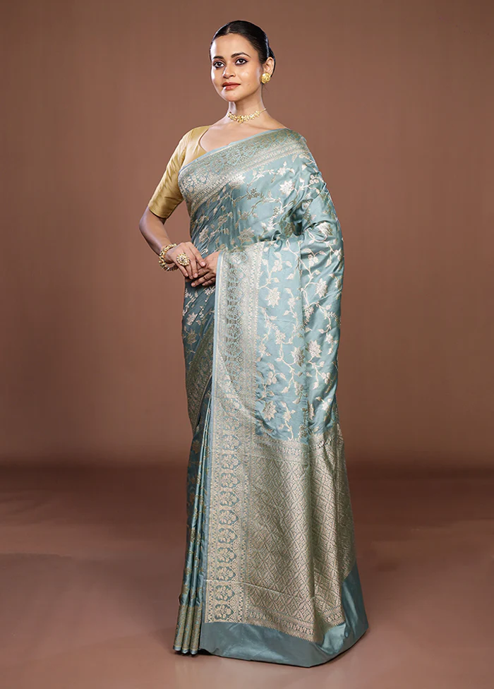 Blue Dupion Silk Saree With Blouse Piece - Image 4
