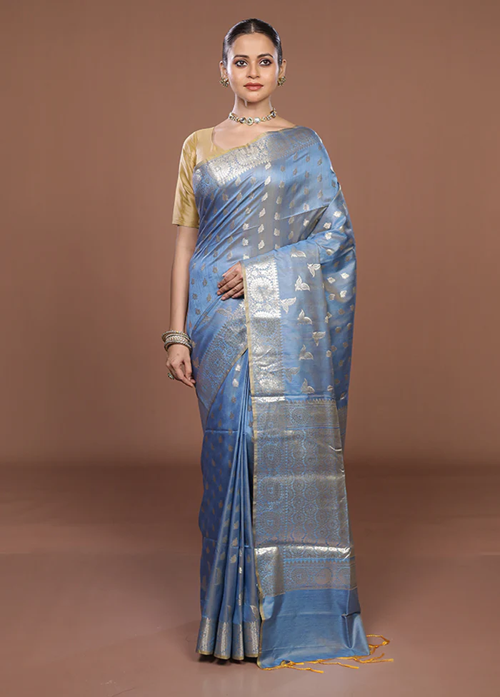 Blue Dupion Silk Saree With Blouse Piece - Image 2
