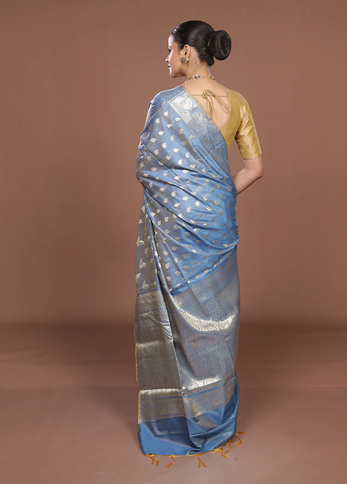 Blue Dupion Silk Saree With Blouse Piece - Image 3