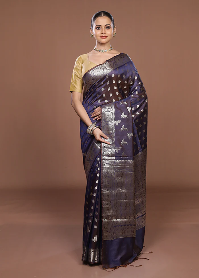 Blue Dupion Silk Saree With Blouse Piece - Image 2