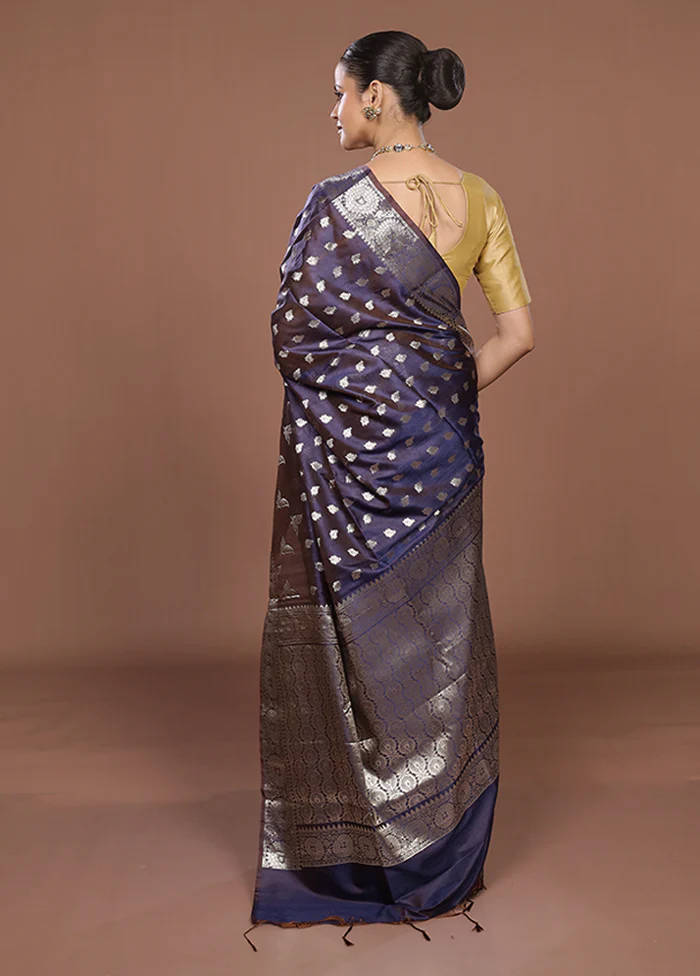 Blue Dupion Silk Saree With Blouse Piece - Image 3