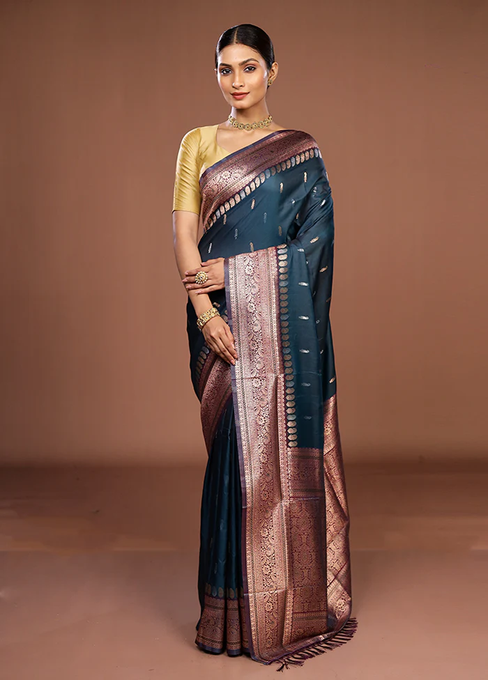 Blue Dupion Silk Saree With Blouse Piece - Image 2