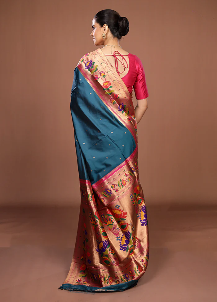 Blue Dupion Silk Saree With Blouse Piece - Image 3