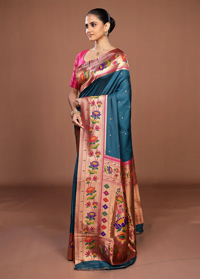 Blue Dupion Silk Saree With Blouse Piece - Image 4