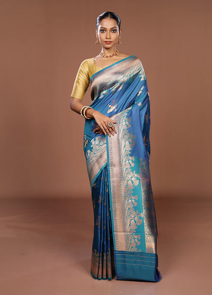 Blue Dupion Silk Saree With Blouse Piece - Image 2