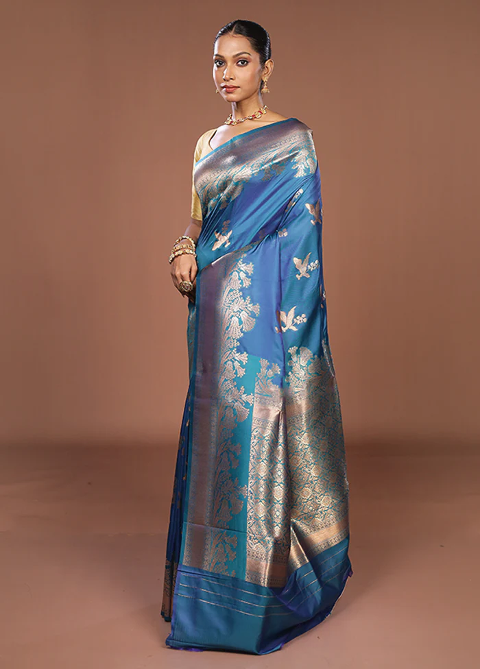 Blue Dupion Silk Saree With Blouse Piece - Image 4