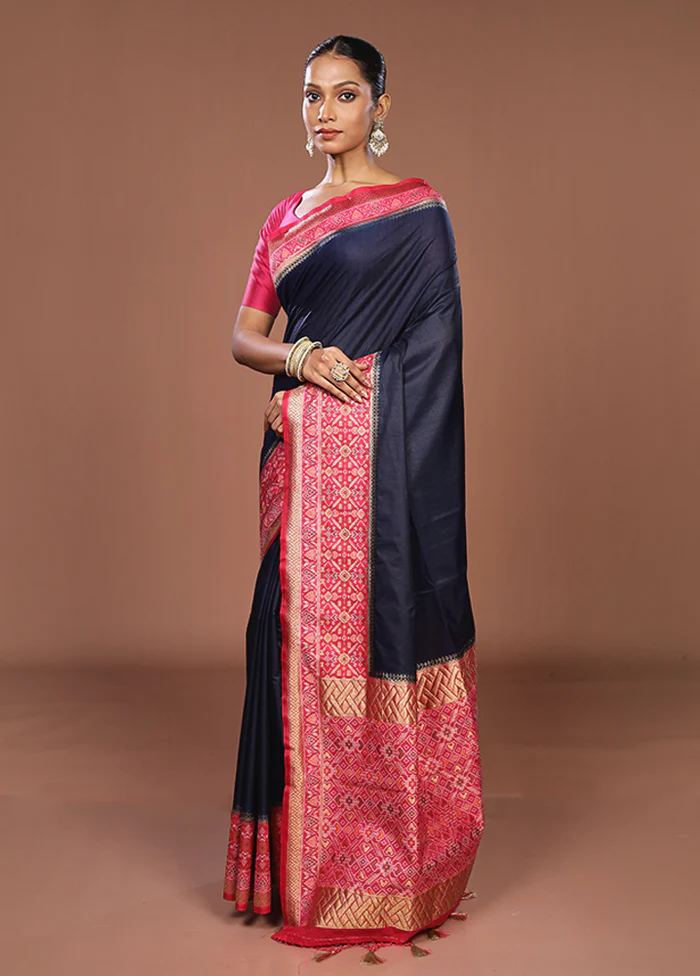 Blue Dupion Silk Saree With Blouse Piece - Image 4