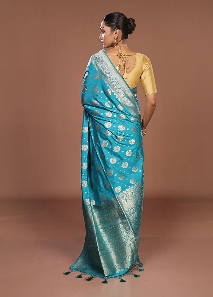 Blue Dupion Silk Saree With Blouse Piece - Image 3