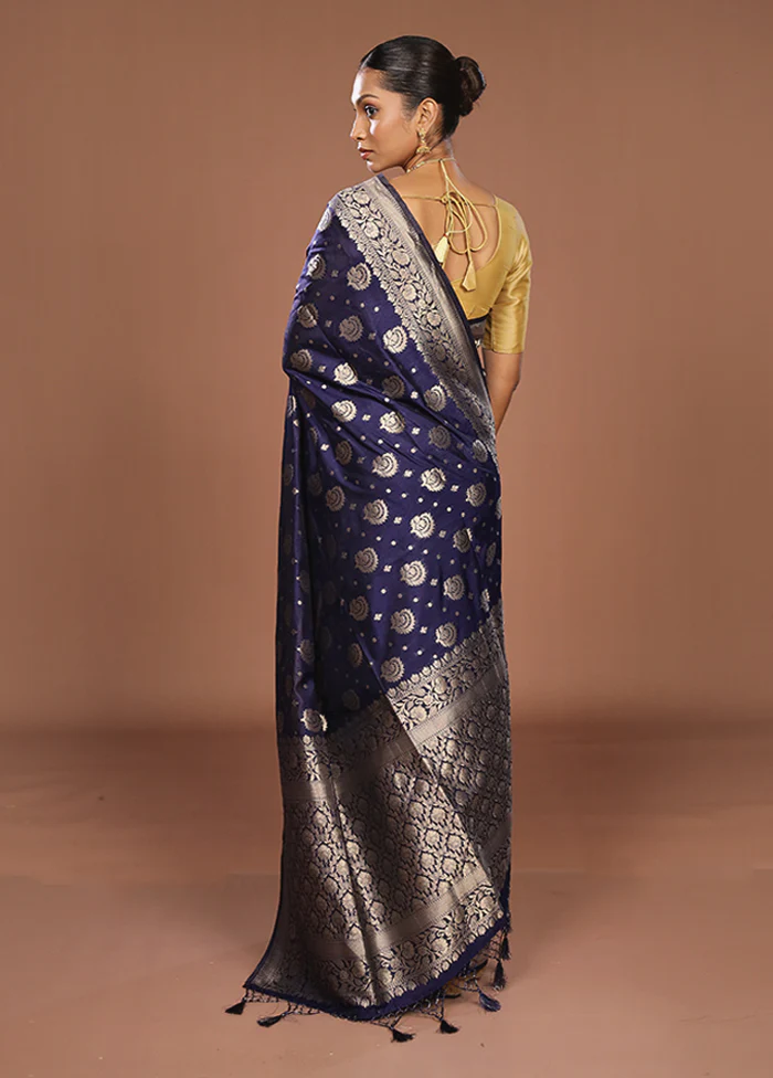 Blue Dupion Silk Saree With Blouse Piece - Image 3