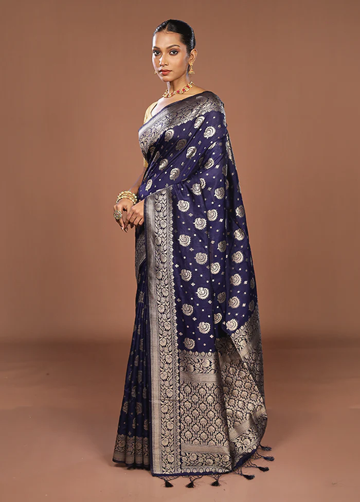 Blue Dupion Silk Saree With Blouse Piece - Image 4
