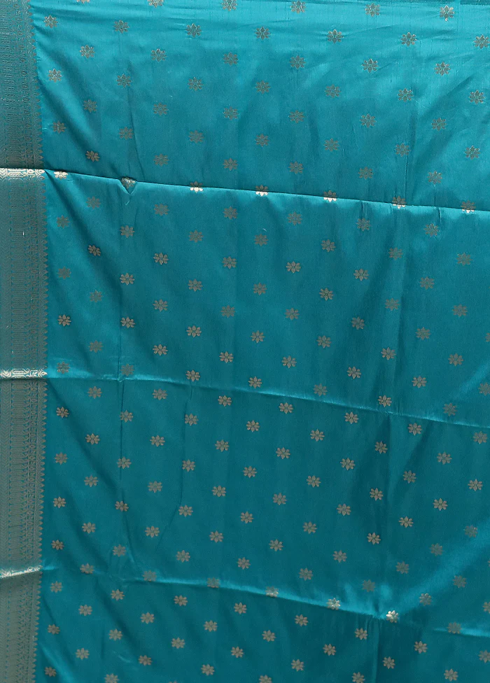 Blue Dupion Silk Saree With Blouse Piece - Image 5