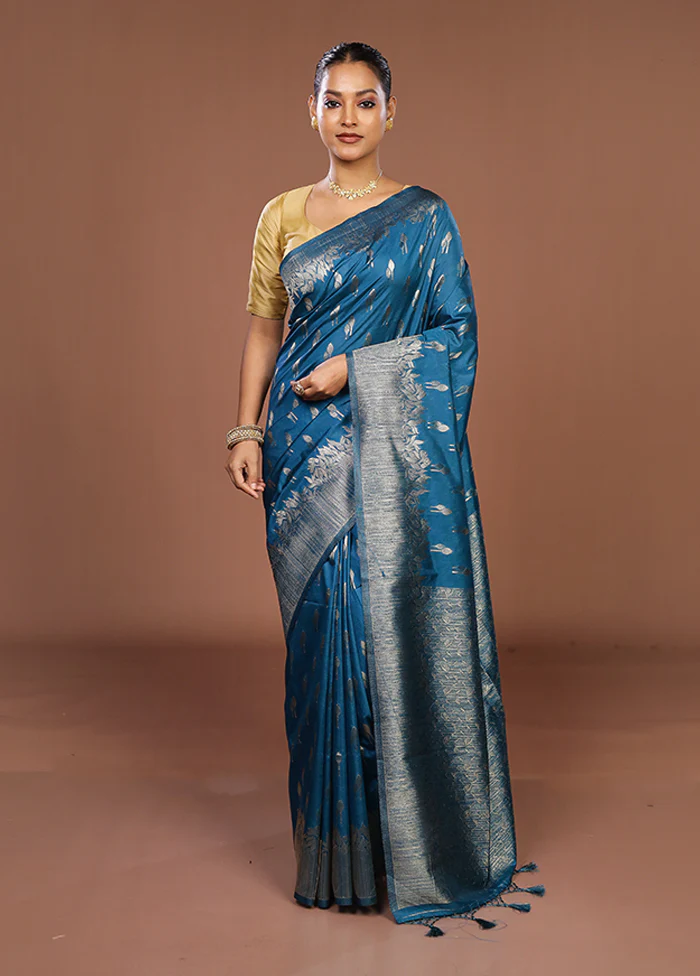 Blue Dupion Silk Saree With Blouse Piece - Image 2