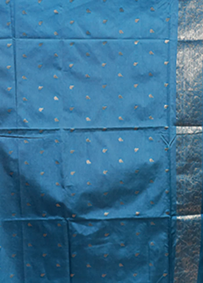 Blue Dupion Silk Saree With Blouse Piece - Image 5