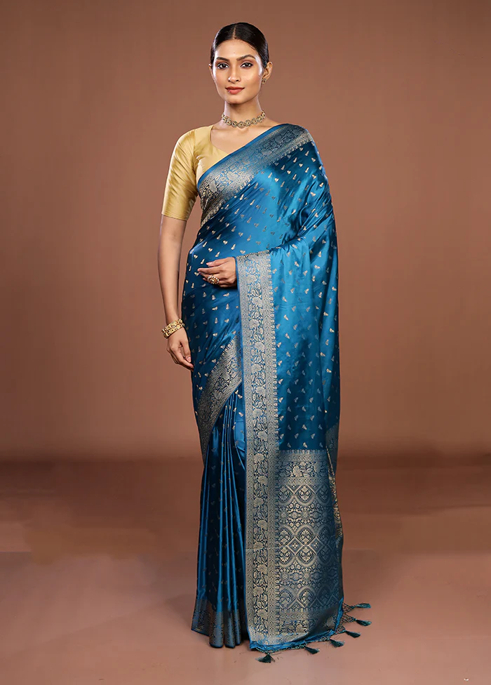 Blue Dupion Silk Saree With Blouse Piece - Image 2