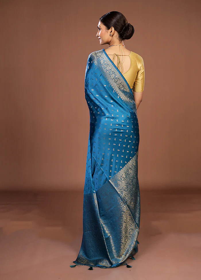 Blue Dupion Silk Saree With Blouse Piece - Image 3