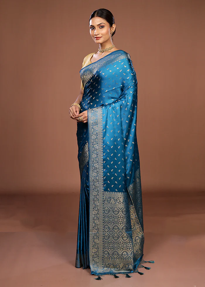 Blue Dupion Silk Saree With Blouse Piece - Image 4